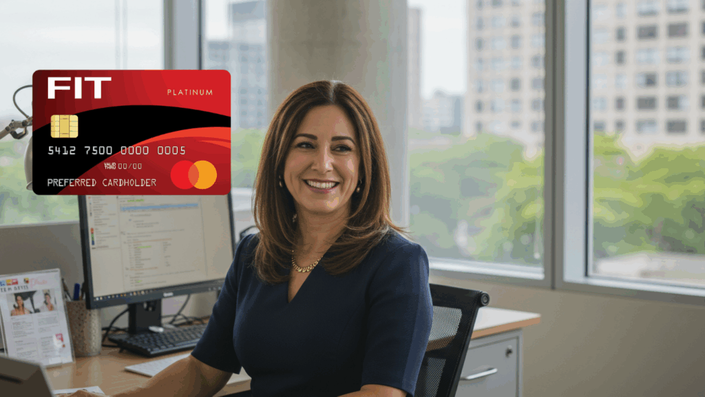 Mujer sonriente con una camisa azul en su oficina, trabajando en una computadora mientras sostiene una tarjeta de crédito FIT Platinum Mastercard. La imagen refleja un entorno corporativo y elegante.