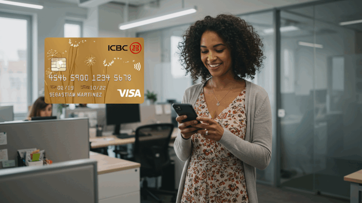 Mujer sonriente usando un teléfono móvil en una oficina moderna, con un fondo de escritorios de trabajo. La tarjeta ICBC Visa Gold está flotando en el primer plano, mostrando su diseño elegante con detalles florales y la información del titular.
