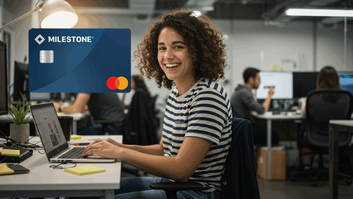 Mujer con cabello rizado sonriente usando una computadora portátil mientras sostiene una tarjeta de crédito Milestone Mastercard. El ambiente es de oficina colaborativa y dinámica.