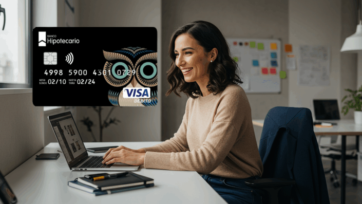 Mujer sonriente trabajando en su laptop, con una tarjeta Banco Hipotecario VISA Débito flotando a la izquierda.