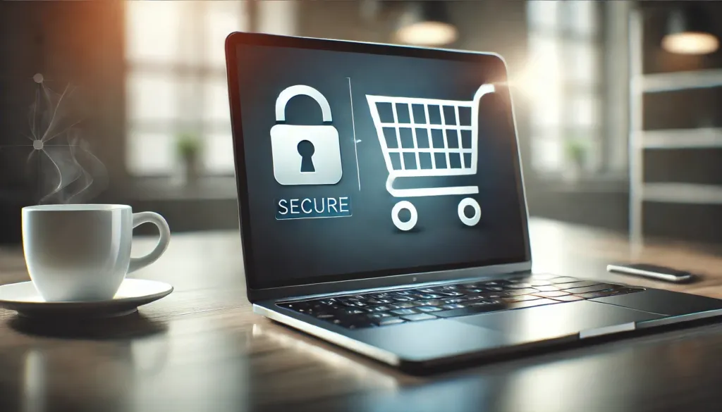 A laptop showing an online shopping cart with a padlock icon, symbolizing safe and secure transactions to avoid scams.