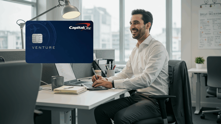 Hombre sonriente trabajando en una oficina moderna, escribiendo en su laptop, con una tarjeta de crédito Capital One Venture visible en primer plano.