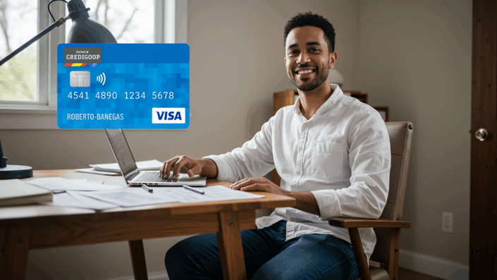 Homem sorrindo enquanto usa um laptop em uma mesa, com uma pilha de documentos e um cartão Visa Credicoop visível, destacando o logotipo do banco e o design do cartão.